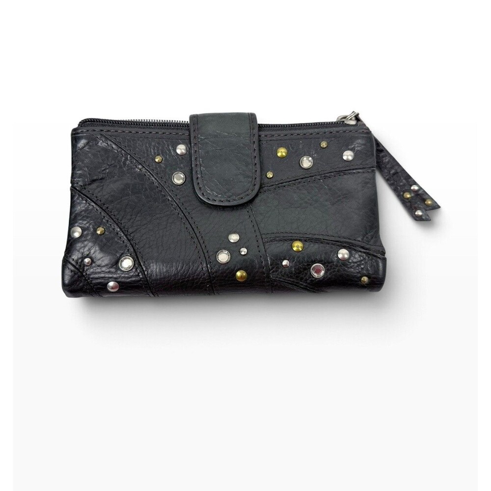 Fossil Women's Wallet Black Pebbled Leather Silver/Gold Crystal Bifold 6.8"x 4"